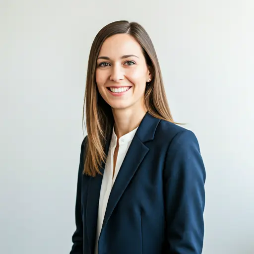 Professional woman in business attire smiling in office setting